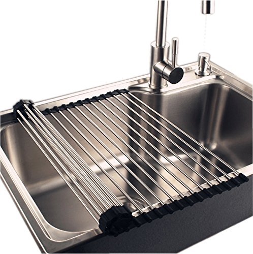 INVOSS Large Roll Up, Over The Sink Dish Drying Rack Kitchen Rolling Dish Drainer, Foldable Sink Rack Mat Stainless Steel Wire (18" X 17.5", Silver)