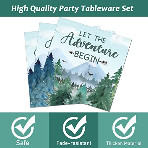 Image of Adventure Awaits Baby Shower Tableware Let The Adventure Begin Plates Pine Tree Mountain Wilderness Dinnerware Disposable Paper Dinnerware For Baby Shower Birthday Party Decor Supplies 24 Guests
