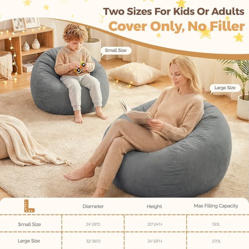 Image of Stuffed Animal Storage Bean Bag Chair Cover for Kids (No Filler), Soft Comfy Velvet Beanbag Chair Cover Machine Washable, Kids Bean Bag Chair with Handle for Living Room Bedroom Dorm,Dark Gray