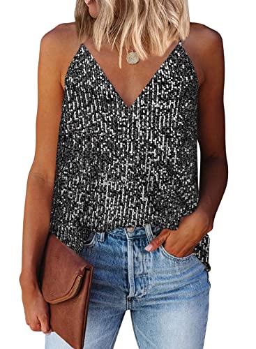 miduo Womens Tanks Tops Summer Sparkle Sequin Tops V Neck Tank Top Shirts