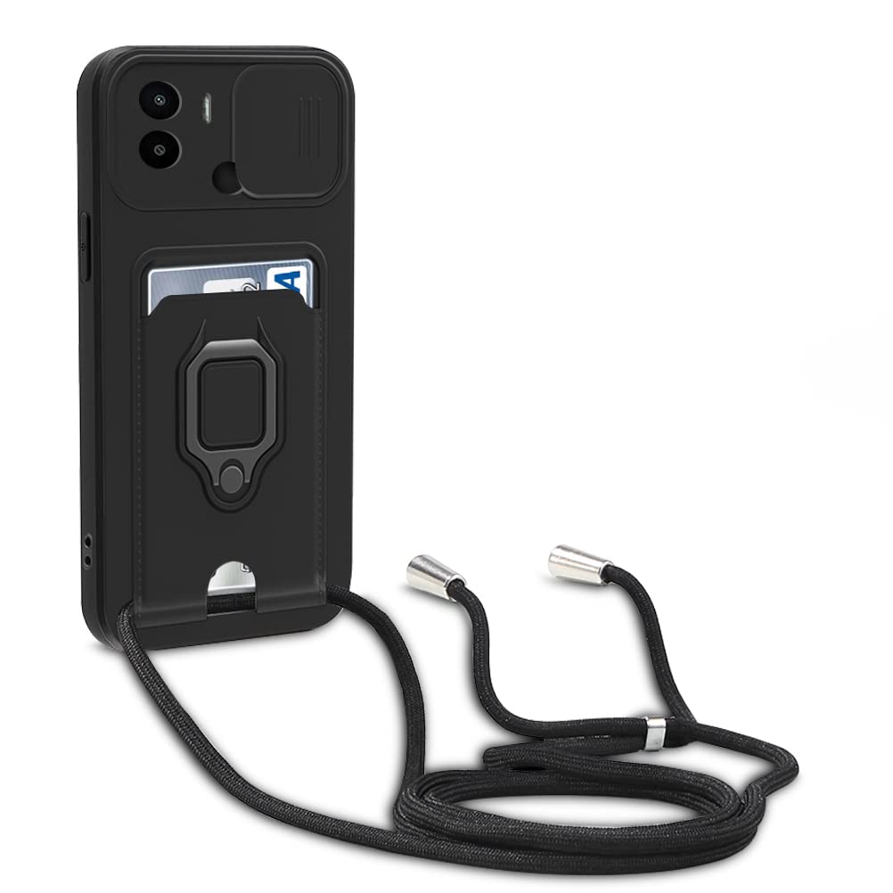 yanasuoCamera Protection Lanyard Phone Case for Xiaomi Redmi A1, Card Holder, Slide Camera Cover, Silicone Cord Strap rope Shell TPU Shockproof Bumper Cover-Black