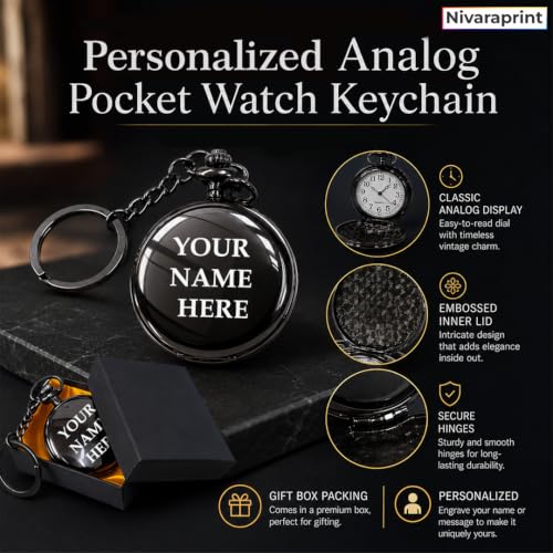 Image of Personalized Antique Analog Pocket Watch Keychain, Custom Engraved Vintage Style with Roman Numeral, Black Fob Watch for Men, Women, Groomsmen, Anniversary, Birthday Gift