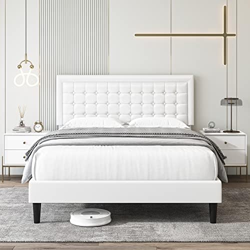 HIFIT Bed Frame Full Size, Upholstered Platform Bed with Button Tufted Adjustable Headboard, Modern Faux Leather Upholstered Mattress Foundation, No Box Spring Needed, Easy Assembly, White