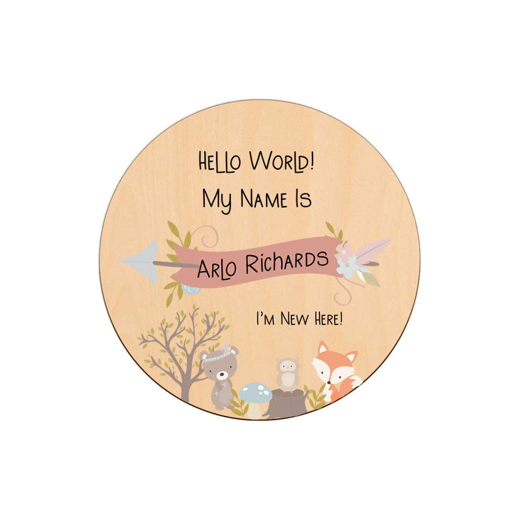 Personalised Wooden Birth Announcement New Baby Name Disc Plaque Sign. Hello World, My Name Is, Newborn Baby Shower Gift, Photography Prop