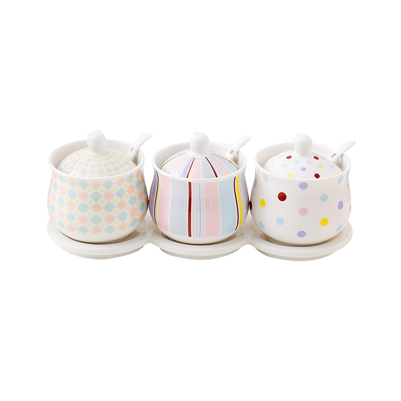 Botellas de especias Frascos de especias Tazones de azúcar blanco Botes de condimentos Frascos de especias Juego de caja de condimentos con tapa Cuchara y bandeja - Juegos de 3 frascos de condimentos