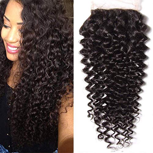 Curly Wave Lace Closure 4x4 Free Part Pre Plucked Brazilian Human Hair Closure (14 Inch, Curly Closure)