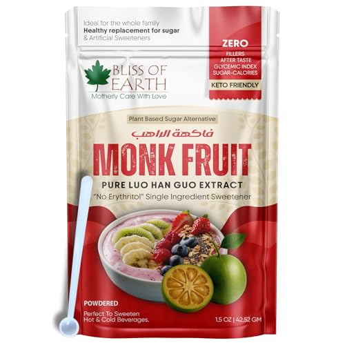 Image of Bliss of Earth Pure Monk Fruit Extract Powder Without Erythritol, Zero Calorie Natural Sugar Free Sweetener, Keto & Diabetic Friendly, Healthy Sugar Substitute for Tea, Coffee, Baking & Cooking, 42.52gm, 850 Servings