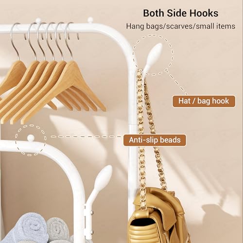 Image of Lukzer Metal Garment Stand with 6 Shelves & Double Rods, Heavy-Duty Clothing Rack with Side Hooks & Wheels, Multi-Functional Storage Organizer for Bedroom, Laundry & Entryway - (MGS-008 /White)