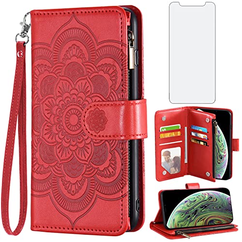 Étui portefeuille iPhone Xs Max rouge antichoc, housse cuir porte-carte et verre trempé