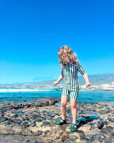 Image of Toddler Boys One Piece Bathing Suit Zipper Short Sleeve Rash Guard Swimwear Quick Dry Green Stripe Swimsuit
