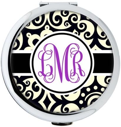 Custom Black White Pattern and Purple Monogram Contrast Color Fresh Design Round Ultra-thin 0.8cm Compact Makeup Mirror