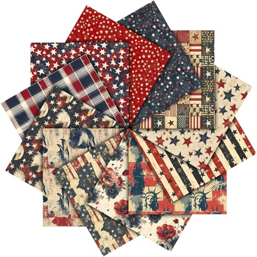 Mindsoft 12 Pcs Vintage Patriotic Fabric Bundles 18 x 22 Inch 4th of July Red White Blue America Quilting Fabric Star Stripe Fat Quarter Labor Day Precut Patchwork Material for Sewing
