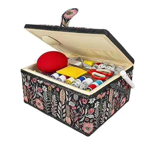 Wooden Sewing Basket with Removable Tray Built-In Pin Cushion, Large Sewing Box for Sewing Supplies for Beginners Experts, Vintage Black