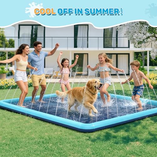 Image of 127 inch x 127 inch Giant Square Splash Pad for Dogs & Kids, Extra Large Non-Slip Sprinkler Pool, Shallow Water Play Mat for Family Backyard Water Fun, Teal