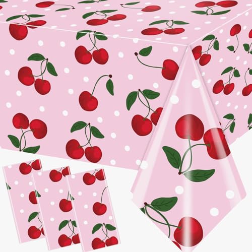 pugipien Cherry Tablecloth Birthday Party Decoration, 3Pcs Cherry Plastic Table Clothes Disposable Pink Table Cover for Cherry Decor, Cherry on Top Baby Shower, Wedding Bridal Shower Party Supplies