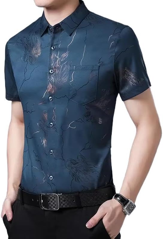 Men Summer Short Sleeve Print Silk Shirts Mens Casual Cotton Slim Fit T-Shirt