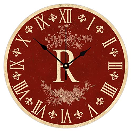 10 Inch Silent Non-Ticking Wall Clocks Battery Operated Alphabet Monogram Letter R Home Decoration for Home Red Floral Wreath Flowers Rustic Round Wooden Wall Clock Rustic for Pool Family Room