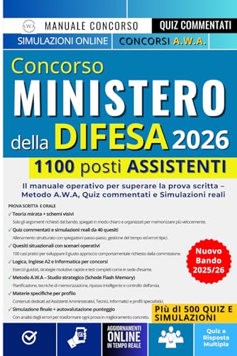 Concorso Ministero della Difesa 1100 Assistenti 2026: Il manuale operativo per superare la prova scritta - Metodo A.W.A - Quiz commentati e simulazioni reali