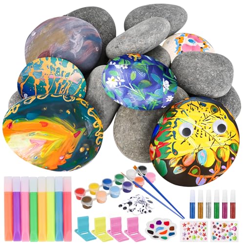 Tigvio 16 Steine zum Bemalen Set, Nachtleuchtendes Steine Bemalen Set Kinder mit 12 Farbfarben Metallicfarben Glitzerkleber, Steine Bemalen Bastelset Kreativ Set für Kinder Erwachsene Geschenke Malset