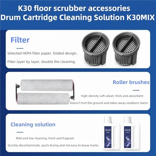 xbvxzvbn K30 Floor Scrubber Accessories Compatible with Dreame MOVA K30mix Consumables Drum Filter Element Cleaning Liquid