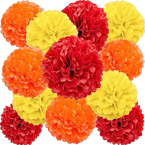 We Moment Zone Pompons Papier de Soie, 12 Pièces Fleur Pompon Rouge Orange Jaune, Boule de Fleur en Papier pour Fête et Mariage