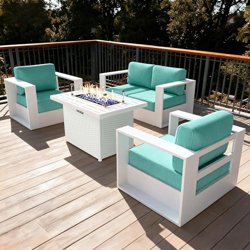 Image of LayinSun Oversized Aluminum Outdoor Furniture Set, 4 Piece Patio Sofa Sets with Fire Pit Table, Deep Seating and Upgraded 6-inch Cushions for Porch, Balcony, Deck