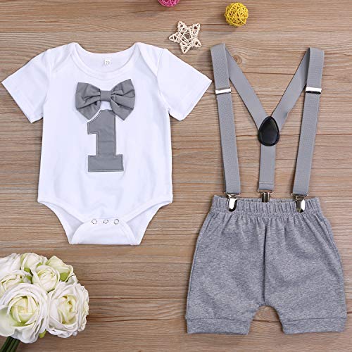 Grnshts Baby Boy Funny First Birthday Clothes Infant Boy Bow Tie Romper Bodysuit Cake Smash Outfits (A Gray, 12-18 Months) #TOP1