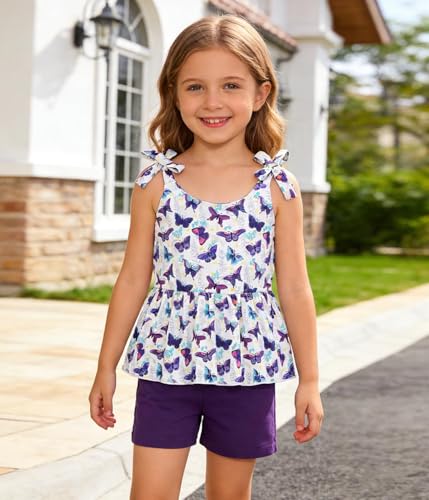 Image of Toddler Girls Clothes Summer Short Set Outfit Tie Knot Shoulder Sleeveless Ruffle Tops and Shorts 2PC Clothing Set
