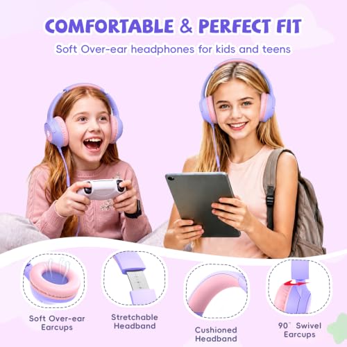 Image of USB C Headphones Wired for Kids, 85 /94dB Volume Limit With Mic, Purple | Kid Headphones for School, Wired Over Ear USBC Plug in Corded Headphones for Boys Girl Toddler, iPad, Tablet, Airplane Travel
