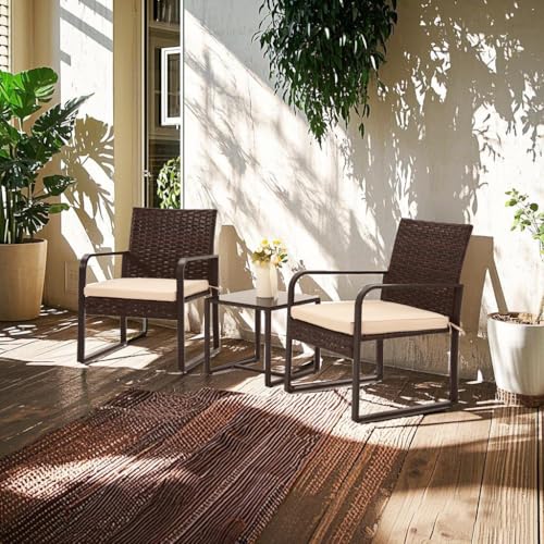 Bezseller 3 Piece Outdoor Patio Furniture Set, Patio Bistro Set Wicker Conversation Set, Modern Rattan Chair with Glass Coffee Table for Backyard, Porches, Poolside, Lawn and Balcony - Thumbnail 2