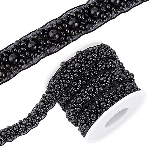 Benecreat OCOR-BC0001-87-US 3.3 Yard Faux Pearls Lace Ribbon, 0.6 Inch Wide Black Beaded Crystal Rhinestone Applique Edge Lace Ribbon cover