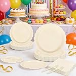 200 Pcs Disposable Paper Plates and Napkins Party Supplies, Ivory Tableware Set for Tea Party Serves 50 Guest 100 Scalloped Plates, 50 Napkins and 50 Forks Set for Bridal Shower Wedding Birthday - Image 4
