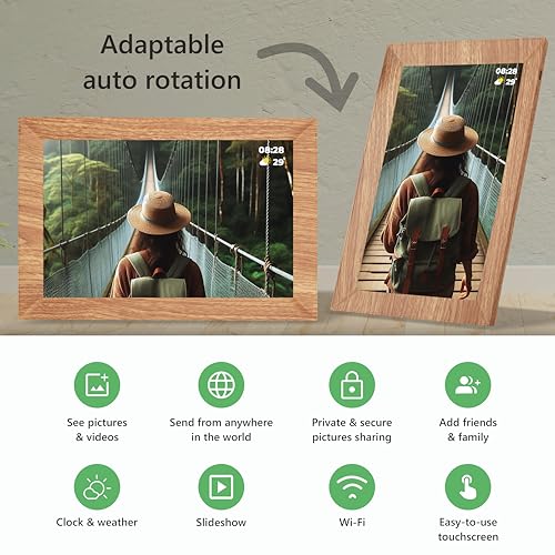 Image of Avyona 10.1 Inch WiFi Digital Photo Frame | Share Photos & Videos Instantly with Frameo | IPS Touch Display, 32GB Internal Memory, Smart Orientation Support | Elegant Wooden Brown Frame for Home