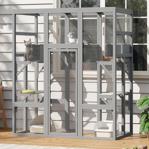 DAUSOLA 70 Inch Catio Outdoor Cat Enclosure, Large Cat House for Outdoor Cats with Updated Framework Structure, Outside Cat Patio Cattery Weatherproof for Multiple Cats, Grey