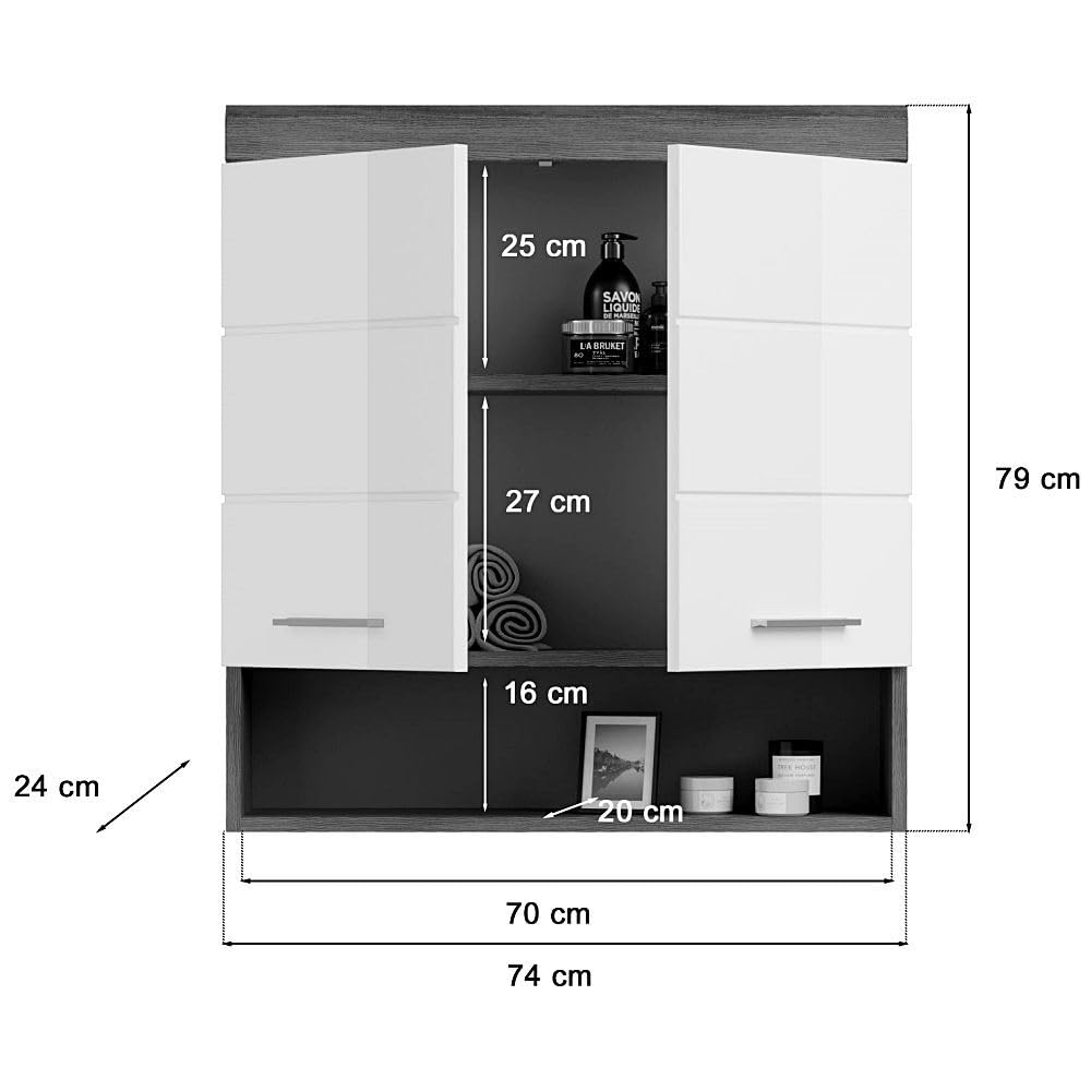 Produktbild von Lomadox Badezimmerschrank Ca. 74 Cm Breit Modern In Hochglanz Weiß Mit Grau SIROCO-158 Exklusivangebot | Haus & Garten