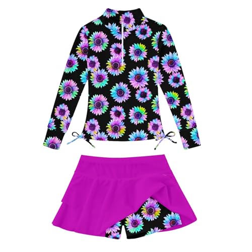 Image of Vogseek 3-12T Girls Rash Guard 2 Pieces Bathing Suit Long Sleeve Swimsuit Swimming Skirt with Shorts Swimwear