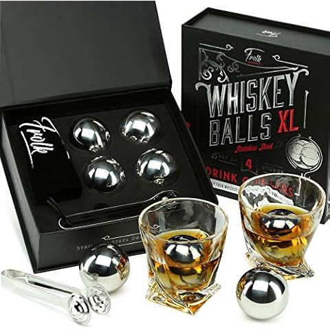 Gifts for Him - Men Dad Husband - 4 XL Stainless Steel Whisky Ice Balls, Special Tongs & Freezer Pouch in Luxury Gift Box for Whiskey Lovers! Cover