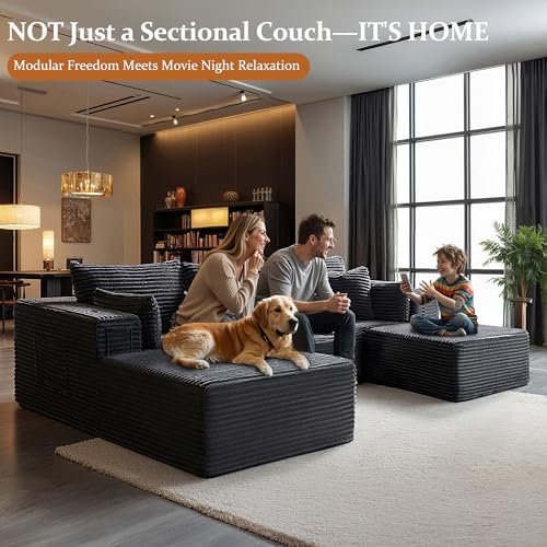 Image of 108 inch Oversized Cloud Sectional Couch, Comfort U Shaped Boneless Couch for Living Room, Extra Deep Seats No Assembly, Modular Sofa, Corduroy (Dark Grey, 2 Seater + Left Facing Chaise + Ottoman)