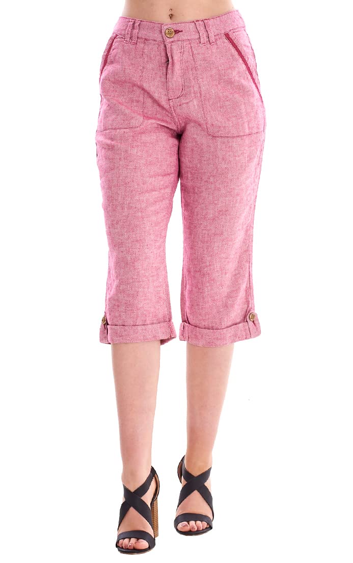 ChicWhisper Ladies Linen Rich Cropped Trousers Raspberry