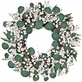 WSTPUPU Artificial Winter Wreath 22inch Christmas Wreaths for Front Door White Berry Wreath with Eucalyptus Leaves Pine Needles White Berries for Xmas Wall Farmhouse Window Winter Holidays