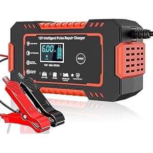 12V/6Amp Car Battery Charger, Smart Fully Automatic Battery Charger with Temperature Compensation for Most Types of Lead Acid Batteries, Red, AC Connection Required