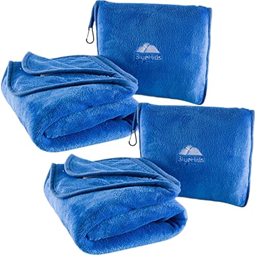 Image of BlueHills 2-Pack Premium Soft Travel Blanket Pillow Airplane Blanket in Soft Bag Pillowcase with Hand Luggage Belt and Backpack Clip, Compact Pack Large Blankets for Any Travel Royal Blue T015