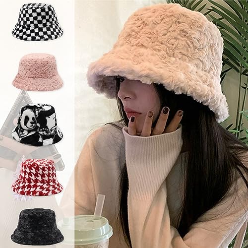 Image of Bucket Hat Women Furry Fuzzy Bucket Hats for Ladies, Winter Warm Fluffy Plush Faux Fur Hat for Women