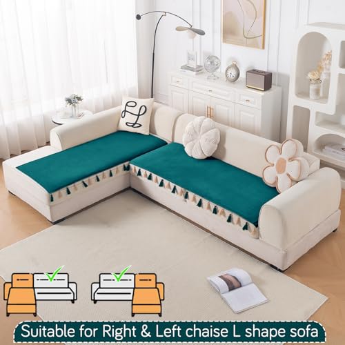 Image of HOKIPO Tassel Tone Holland Velvet Sofa Cover L Shape 4 Seater Mat, Teal