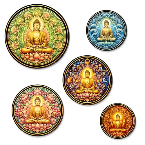Image of Regalo Casila Buddha Mandala Art Fridge Magnets Set of 5 Wooden Refrigerator Magnets Spiritual Decorative Kitchen Magnets Souvenir Gift Strong Magnetic Home Decor