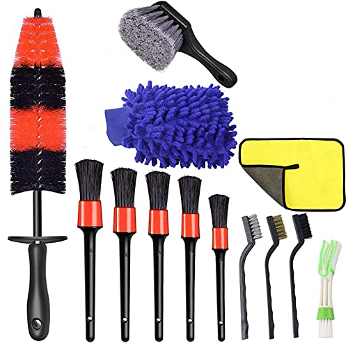 Qook Car Wheel Brush Set, Car Cleaning Detailing Kit Include 17" Long Soft Wheel Brush, Tire Brush, 5 Car Detailing Brushes, Car Towel, Wheel Brush Kit for Car Tire and Rim Cleaning Dirt