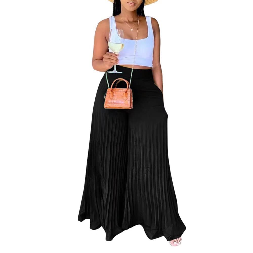 Lexiart Womens High Waisted Chiffon Loose Pleated Wide Leg Palazzo Pants
