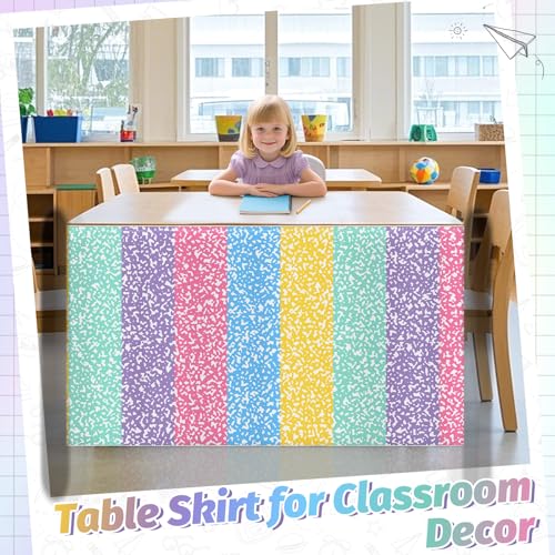 Image of 9FT Pastel Composition Table Skirt Teacher Desk Skirt for Colorful Composition Notebook Classroom Decor Rectangle Table Cover for Back to School Party Supplies Kindergarten Office Bookcase Cabinet