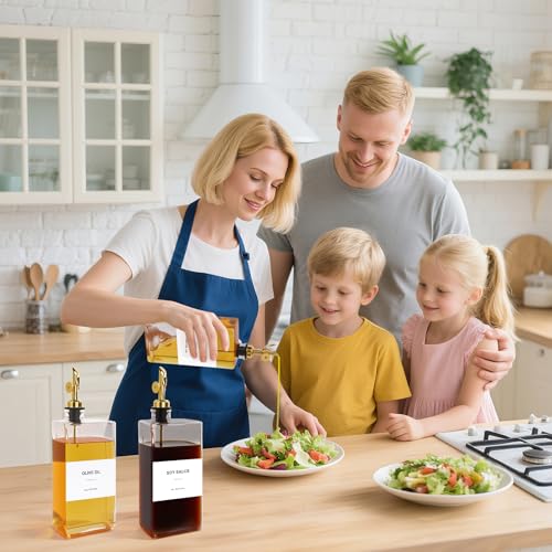 Miniatura 7 de Otauoaea Aceitera 500ml Dispensador De Aceite,4pcs Aceitera Antigoteo Cristal,Botellas De Aceitera Y Vinagrera,Aceiteras De Oliva Para Cocina,Aceitero Vertedor Automático Con Etiquetas Y Embudo-Glod