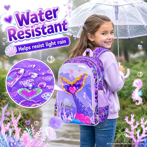 Image of 16 inch Mermaid Backpack for Girls, 3Pcs Kids Fish Tail Backpacks with Lunch Box, School Bookbag for Elementary Preschool Kindergarten(Purple)